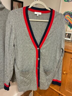 J. Society Gray Cable-Knit Cardigan with Red and Navy Trim